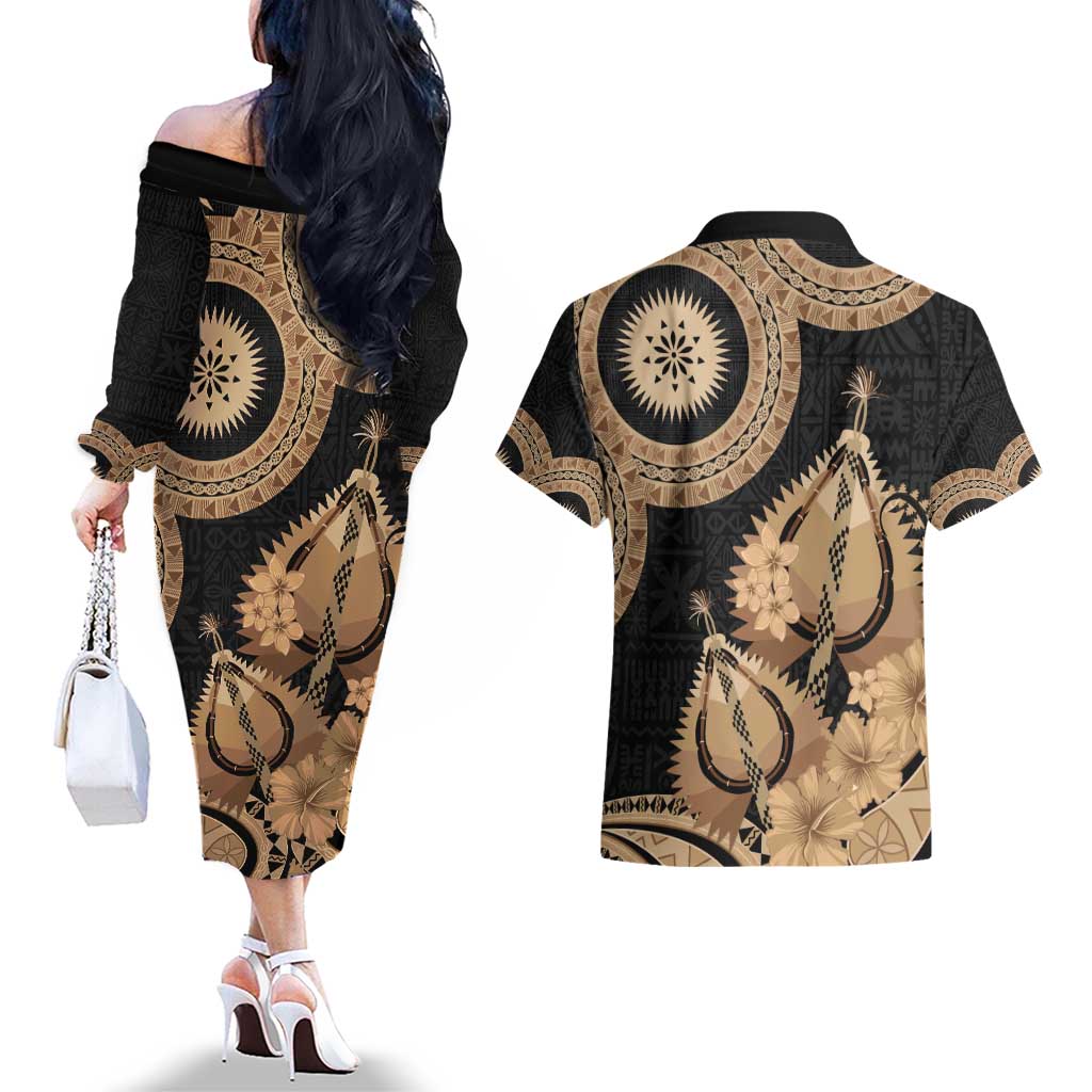 Black Bula Fiji Couples Matching Off The Shoulder Long Sleeve Dress and Hawaiian Shirt Fijian Dance Fan Tapa Cloth Pattern LT14 - Polynesian Pride