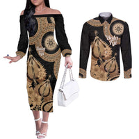 Black Bula Fiji Couples Matching Off The Shoulder Long Sleeve Dress and Long Sleeve Button Shirt Fijian Dance Fan Tapa Cloth Pattern LT14 Black - Polynesian Pride