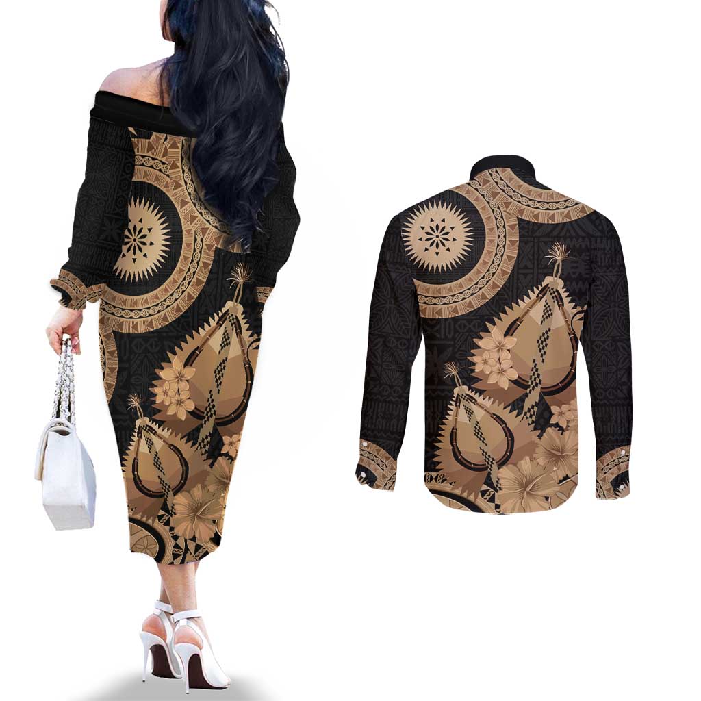 Black Bula Fiji Couples Matching Off The Shoulder Long Sleeve Dress and Long Sleeve Button Shirt Fijian Dance Fan Tapa Cloth Pattern LT14 - Polynesian Pride