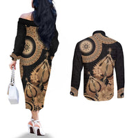 Black Bula Fiji Couples Matching Off The Shoulder Long Sleeve Dress and Long Sleeve Button Shirt Fijian Dance Fan Tapa Cloth Pattern LT14 - Polynesian Pride