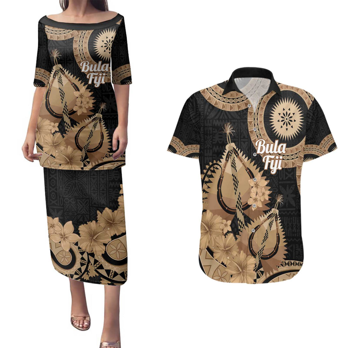 Black Bula Fiji Couples Matching Puletasi and Hawaiian Shirt Fijian Dance Fan Tapa Cloth Pattern LT14 Black - Polynesian Pride