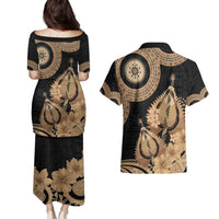 Black Bula Fiji Couples Matching Puletasi and Hawaiian Shirt Fijian Dance Fan Tapa Cloth Pattern LT14 - Polynesian Pride