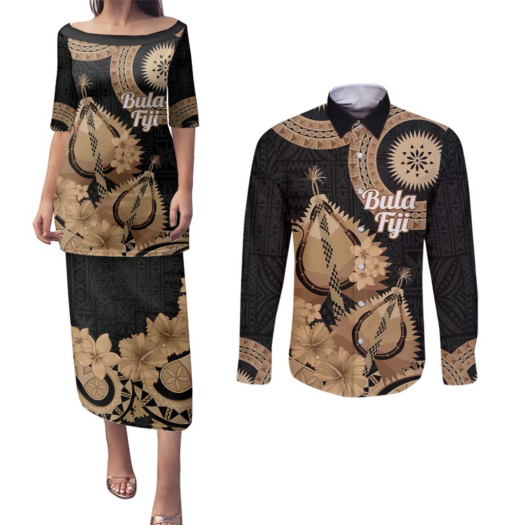 Black Bula Fiji Couples Matching Puletasi and Long Sleeve Button Shirt Fijian Dance Fan Tapa Cloth Pattern LT14 Black - Polynesian Pride
