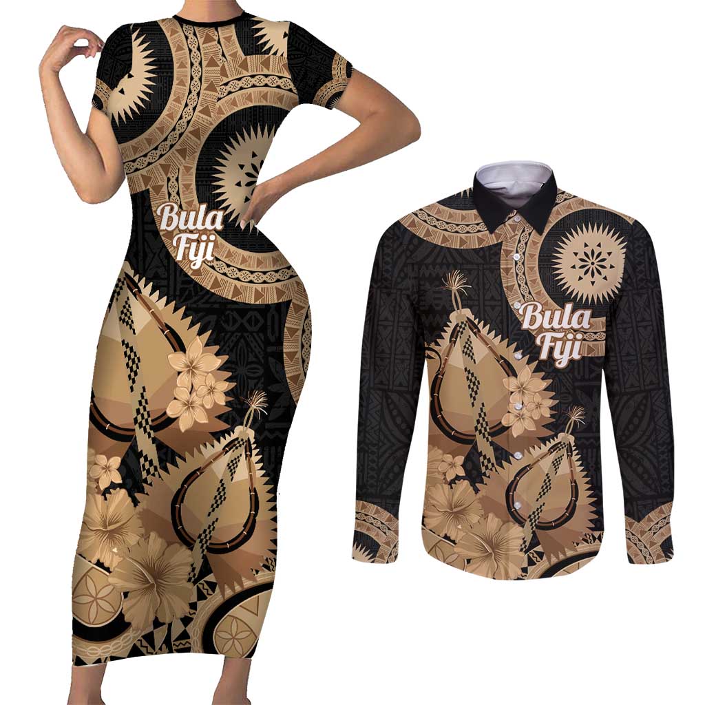 Black Bula Fiji Couples Matching Short Sleeve Bodycon Dress and Long Sleeve Button Shirt Fijian Dance Fan Tapa Cloth Pattern LT14 Black - Polynesian Pride