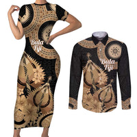 Black Bula Fiji Couples Matching Short Sleeve Bodycon Dress and Long Sleeve Button Shirt Fijian Dance Fan Tapa Cloth Pattern LT14 Black - Polynesian Pride