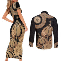 Black Bula Fiji Couples Matching Short Sleeve Bodycon Dress and Long Sleeve Button Shirt Fijian Dance Fan Tapa Cloth Pattern LT14 - Polynesian Pride