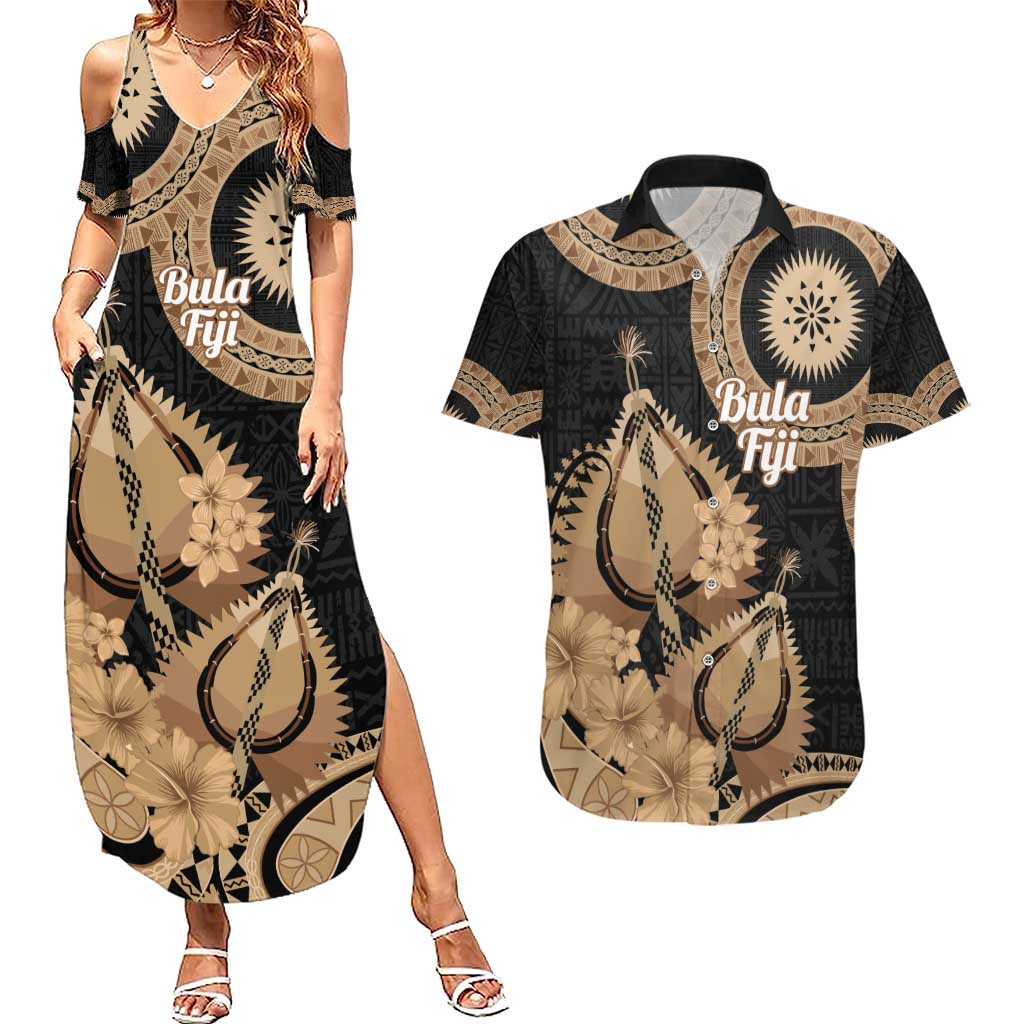 Black Bula Fiji Couples Matching Summer Maxi Dress and Hawaiian Shirt Fijian Dance Fan Tapa Cloth Pattern LT14 Black - Polynesian Pride