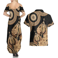 Black Bula Fiji Couples Matching Summer Maxi Dress and Hawaiian Shirt Fijian Dance Fan Tapa Cloth Pattern LT14 - Polynesian Pride