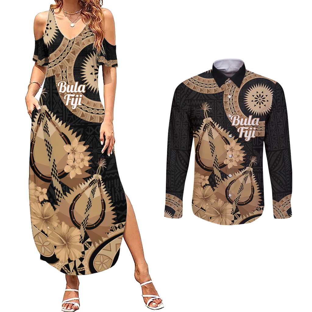 Black Bula Fiji Couples Matching Summer Maxi Dress and Long Sleeve Button Shirt Fijian Dance Fan Tapa Cloth Pattern LT14 Black - Polynesian Pride