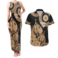 Black Bula Fiji Couples Matching Tank Maxi Dress and Hawaiian Shirt Fijian Dance Fan Tapa Cloth Pattern LT14 Black - Polynesian Pride