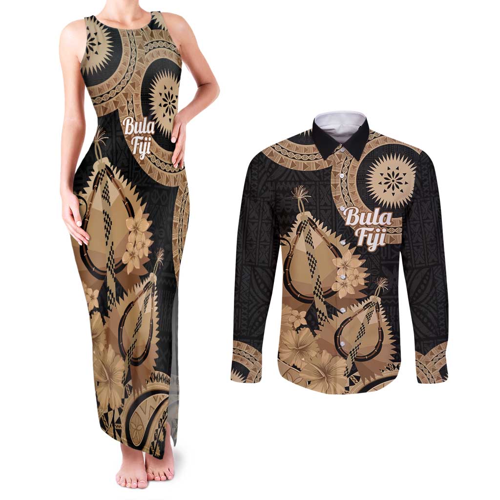 Black Bula Fiji Couples Matching Tank Maxi Dress and Long Sleeve Button Shirt Fijian Dance Fan Tapa Cloth Pattern LT14 Black - Polynesian Pride