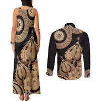Black Bula Fiji Couples Matching Tank Maxi Dress and Long Sleeve Button Shirt Fijian Dance Fan Tapa Cloth Pattern LT14 - Polynesian Pride