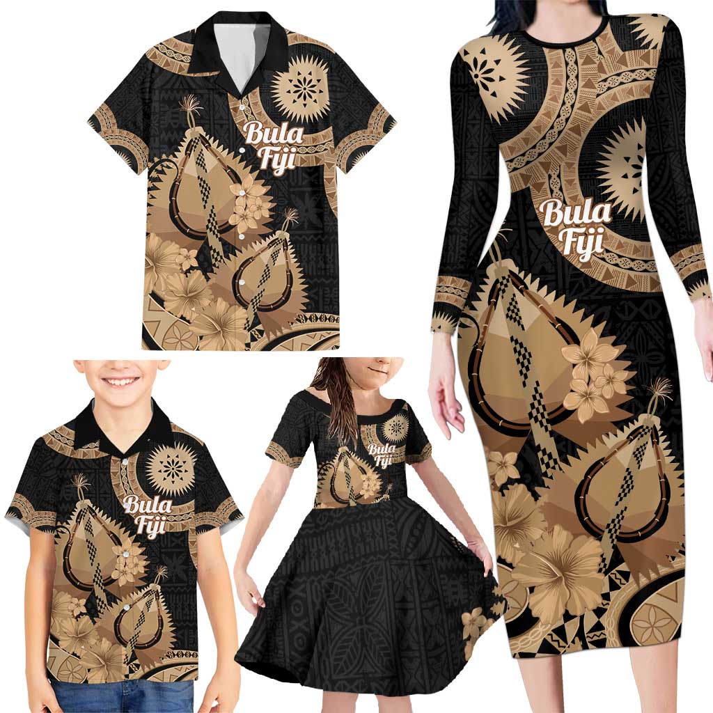 Black Bula Fiji Family Matching Long Sleeve Bodycon Dress and Hawaiian Shirt Fijian Dance Fan Tapa Cloth Pattern LT14 - Polynesian Pride