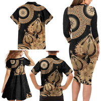 Black Bula Fiji Family Matching Long Sleeve Bodycon Dress and Hawaiian Shirt Fijian Dance Fan Tapa Cloth Pattern LT14 - Polynesian Pride