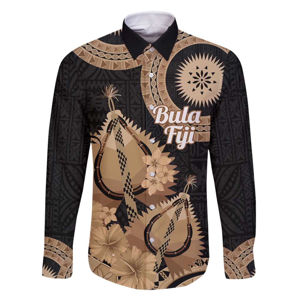 Black Bula Fiji Family Matching Long Sleeve Bodycon Dress and Hawaiian Shirt Fijian Dance Fan Tapa Cloth Pattern LT14 Dad's Shirt - Long Sleeve Black - Polynesian Pride