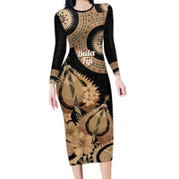 Black Bula Fiji Family Matching Long Sleeve Bodycon Dress and Hawaiian Shirt Fijian Dance Fan Tapa Cloth Pattern LT14 Mom's Dress Black - Polynesian Pride