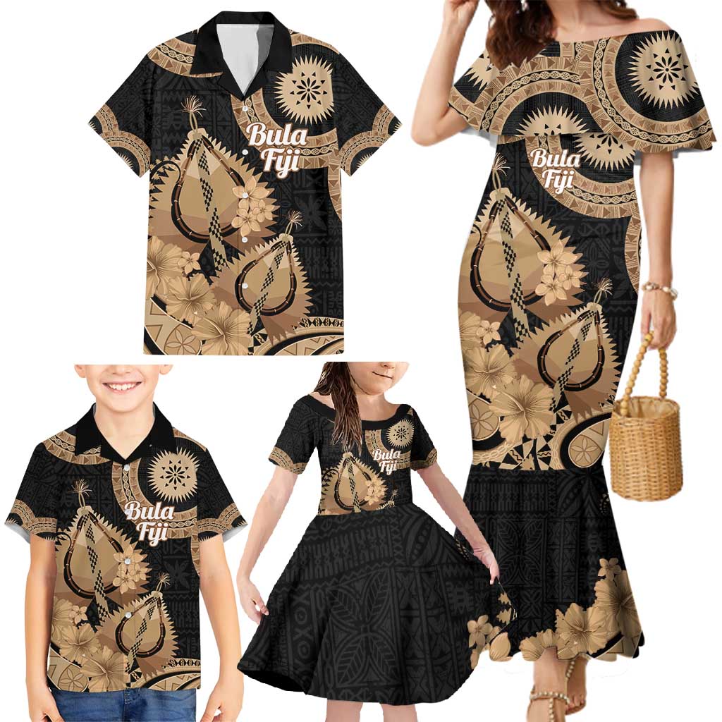 Black Bula Fiji Family Matching Mermaid Dress and Hawaiian Shirt Fijian Dance Fan Tapa Cloth Pattern LT14 - Polynesian Pride