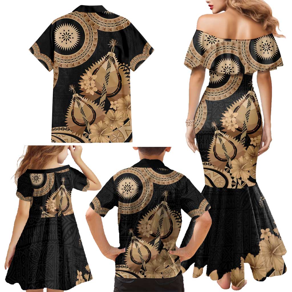 Black Bula Fiji Family Matching Mermaid Dress and Hawaiian Shirt Fijian Dance Fan Tapa Cloth Pattern LT14 - Polynesian Pride