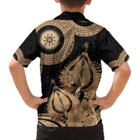 Black Bula Fiji Family Matching Off The Shoulder Long Sleeve Dress and Hawaiian Shirt Fijian Dance Fan Tapa Cloth Pattern LT14 - Polynesian Pride