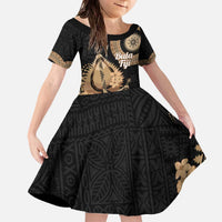 Black Bula Fiji Family Matching Off The Shoulder Long Sleeve Dress and Hawaiian Shirt Fijian Dance Fan Tapa Cloth Pattern LT14 Daughter's Dress Black - Polynesian Pride