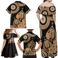 Black Bula Fiji Family Matching Off Shoulder Maxi Dress and Hawaiian Shirt Fijian Dance Fan Tapa Cloth Pattern LT14 - Polynesian Pride