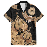 Black Bula Fiji Family Matching Off Shoulder Maxi Dress and Hawaiian Shirt Fijian Dance Fan Tapa Cloth Pattern LT14 Dad's Shirt - Short Sleeve Black - Polynesian Pride