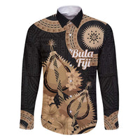 Black Bula Fiji Family Matching Off Shoulder Maxi Dress and Hawaiian Shirt Fijian Dance Fan Tapa Cloth Pattern LT14 Dad's Shirt - Long Sleeve Black - Polynesian Pride