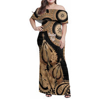Black Bula Fiji Family Matching Off Shoulder Maxi Dress and Hawaiian Shirt Fijian Dance Fan Tapa Cloth Pattern LT14 Mom's Dress Black - Polynesian Pride