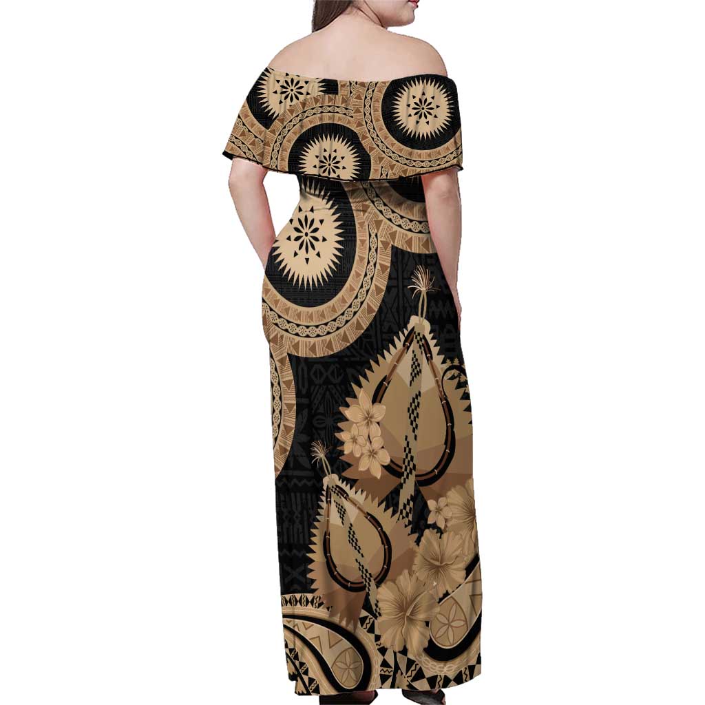 Black Bula Fiji Family Matching Off Shoulder Maxi Dress and Hawaiian Shirt Fijian Dance Fan Tapa Cloth Pattern LT14 - Polynesian Pride