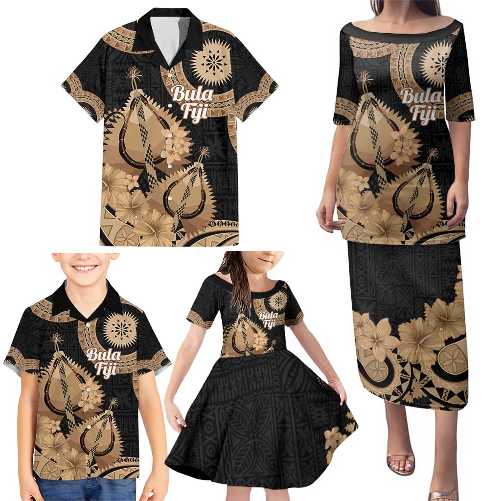 Black Bula Fiji Family Matching Puletasi and Hawaiian Shirt Fijian Dance Fan Tapa Cloth Pattern LT14 - Polynesian Pride