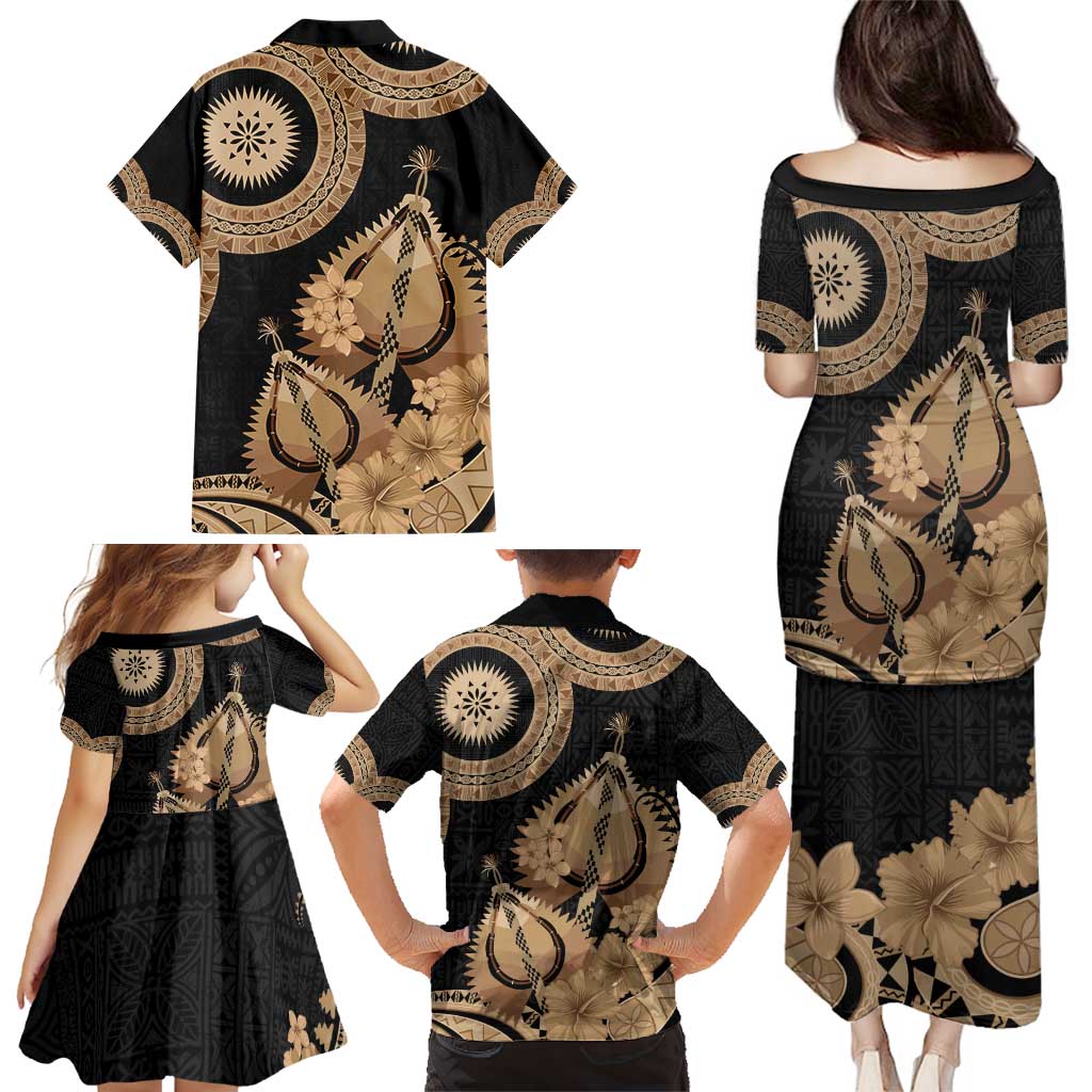 Black Bula Fiji Family Matching Puletasi and Hawaiian Shirt Fijian Dance Fan Tapa Cloth Pattern LT14 - Polynesian Pride