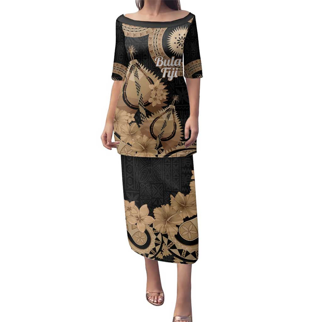 Black Bula Fiji Family Matching Puletasi and Hawaiian Shirt Fijian Dance Fan Tapa Cloth Pattern LT14 Mom's Dress Black - Polynesian Pride
