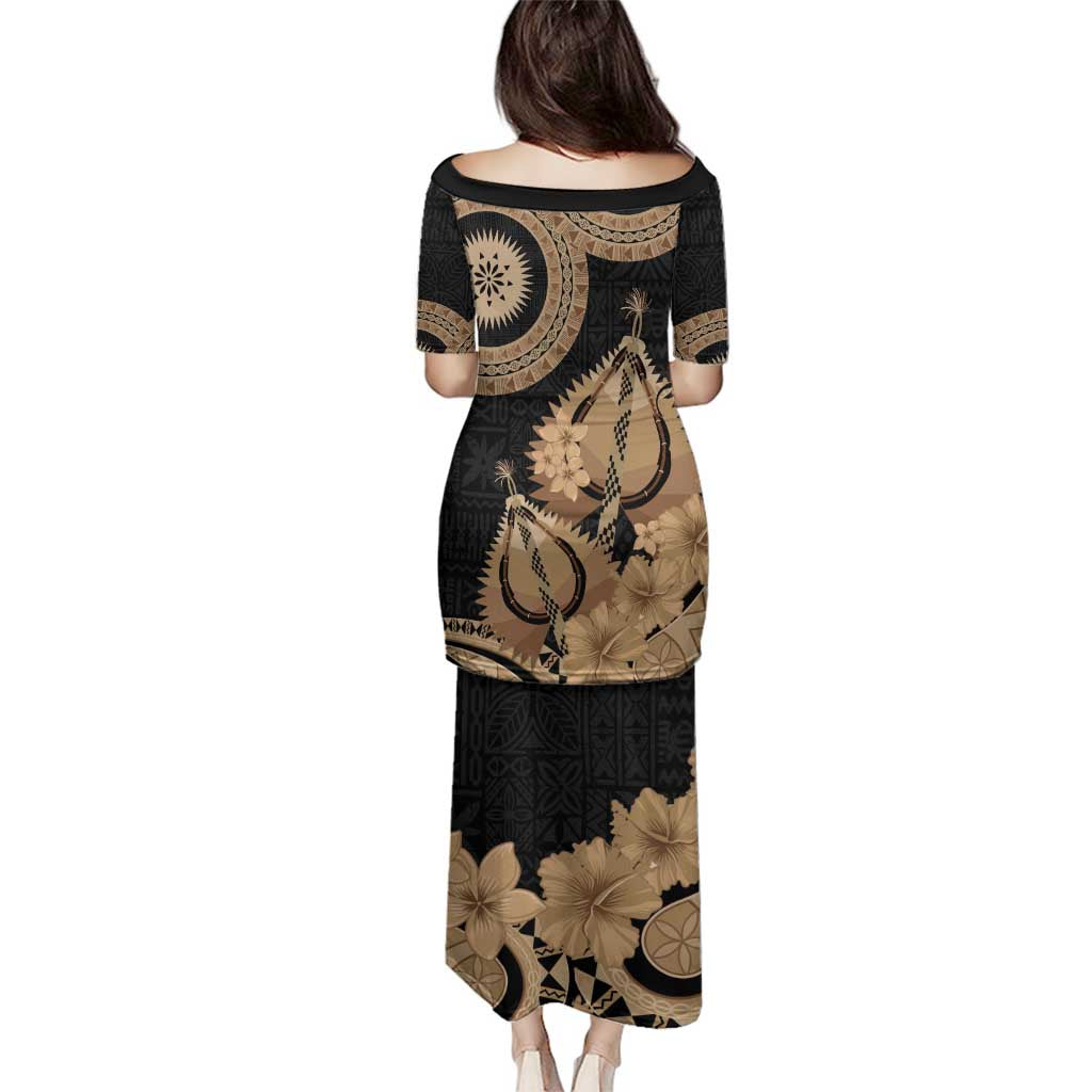 Black Bula Fiji Family Matching Puletasi and Hawaiian Shirt Fijian Dance Fan Tapa Cloth Pattern LT14 - Polynesian Pride