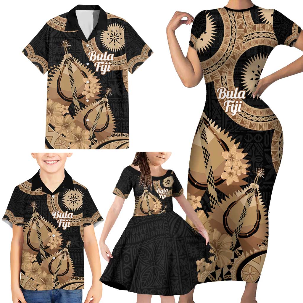 Black Bula Fiji Family Matching Short Sleeve Bodycon Dress and Hawaiian Shirt Fijian Dance Fan Tapa Cloth Pattern LT14 - Polynesian Pride