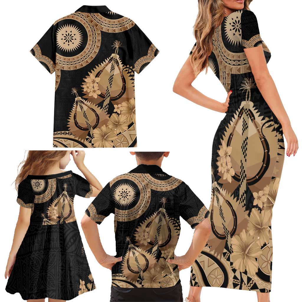 Black Bula Fiji Family Matching Short Sleeve Bodycon Dress and Hawaiian Shirt Fijian Dance Fan Tapa Cloth Pattern LT14 - Polynesian Pride