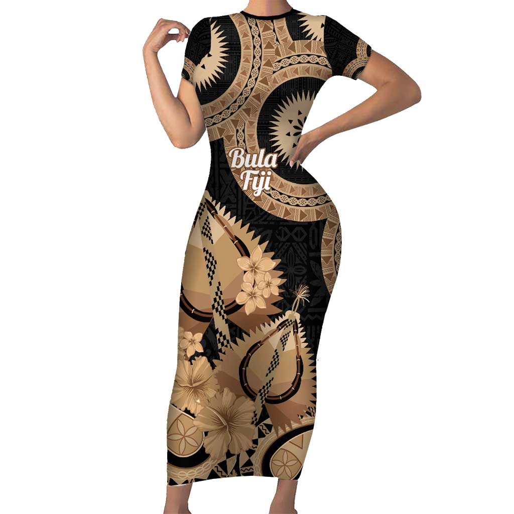 Black Bula Fiji Family Matching Short Sleeve Bodycon Dress and Hawaiian Shirt Fijian Dance Fan Tapa Cloth Pattern LT14 Mom's Dress Black - Polynesian Pride