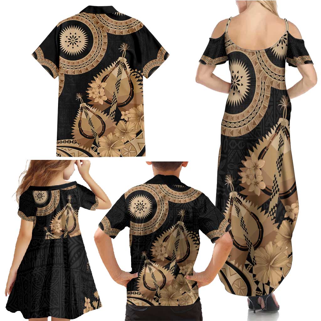 Black Bula Fiji Family Matching Summer Maxi Dress and Hawaiian Shirt Fijian Dance Fan Tapa Cloth Pattern LT14 - Polynesian Pride