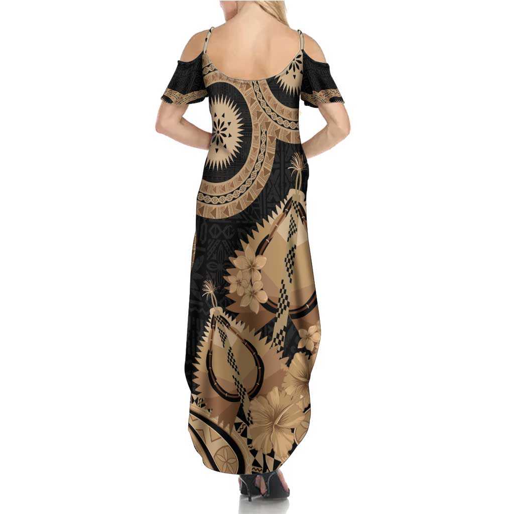 Black Bula Fiji Family Matching Summer Maxi Dress and Hawaiian Shirt Fijian Dance Fan Tapa Cloth Pattern LT14 - Polynesian Pride