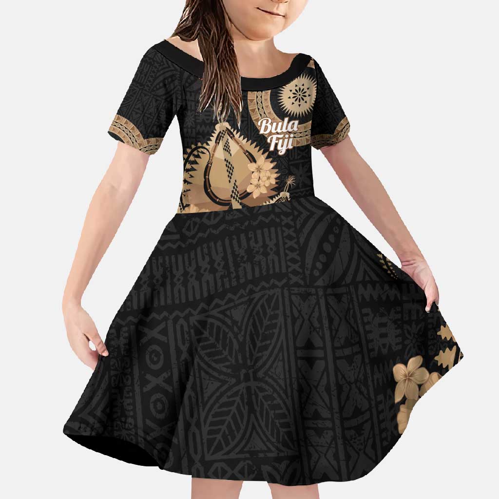 Black Bula Fiji Family Matching Tank Maxi Dress and Hawaiian Shirt Fijian Dance Fan Tapa Cloth Pattern LT14 Daughter's Dress Black - Polynesian Pride