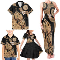 Black Bula Fiji Family Matching Tank Maxi Dress and Hawaiian Shirt Fijian Dance Fan Tapa Cloth Pattern LT14 - Polynesian Pride