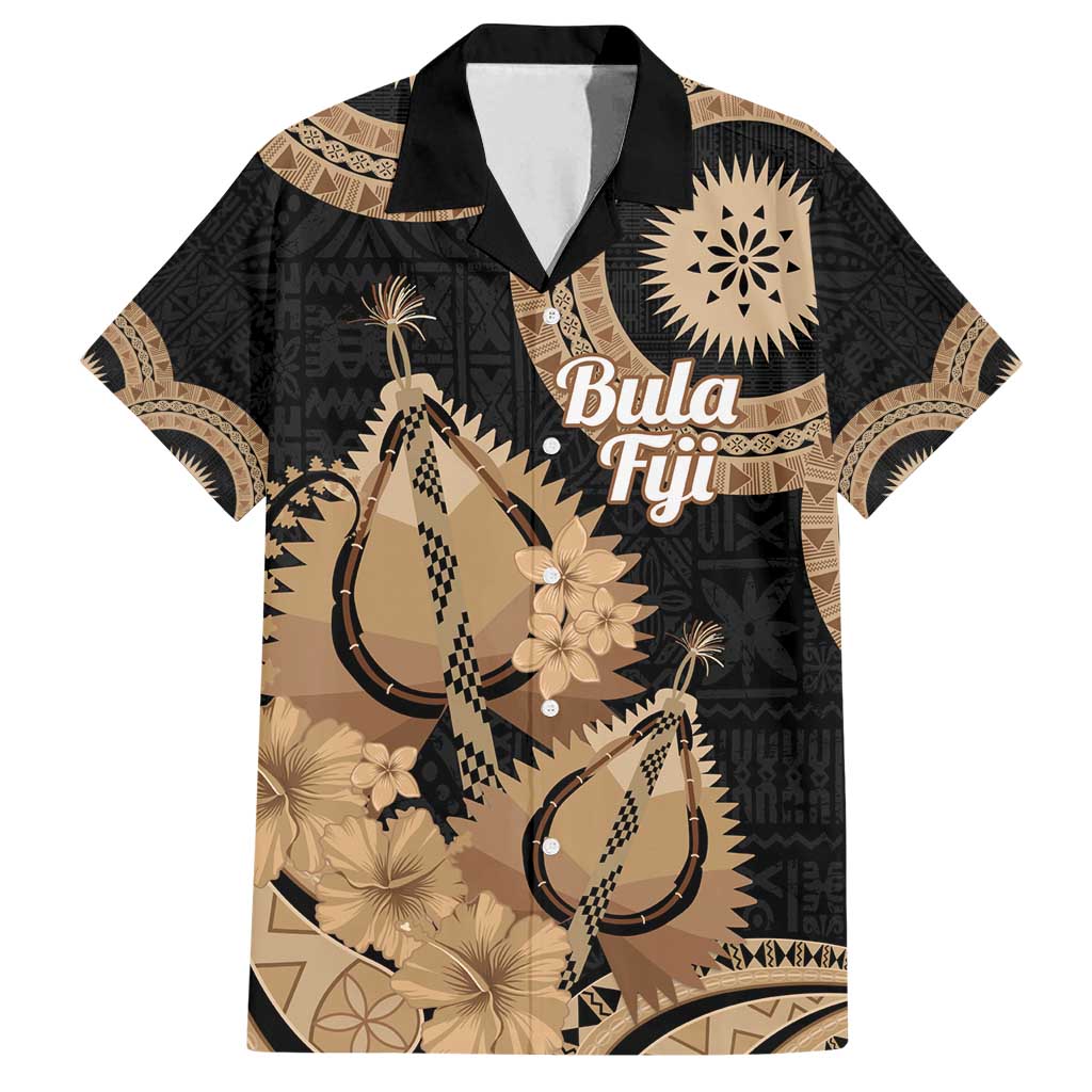 Black Bula Fiji Family Matching Tank Maxi Dress and Hawaiian Shirt Fijian Dance Fan Tapa Cloth Pattern LT14 Dad's Shirt - Short Sleeve Black - Polynesian Pride