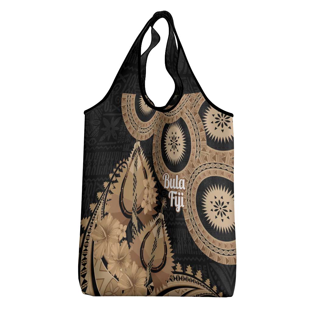 Black Bula Fiji Grocery Bag Fijian Dance Fan Tapa Cloth Pattern LT14 - Polynesian Pride