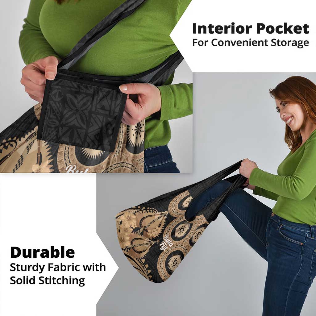 Black Bula Fiji Grocery Bag Fijian Dance Fan Tapa Cloth Pattern LT14 - Polynesian Pride