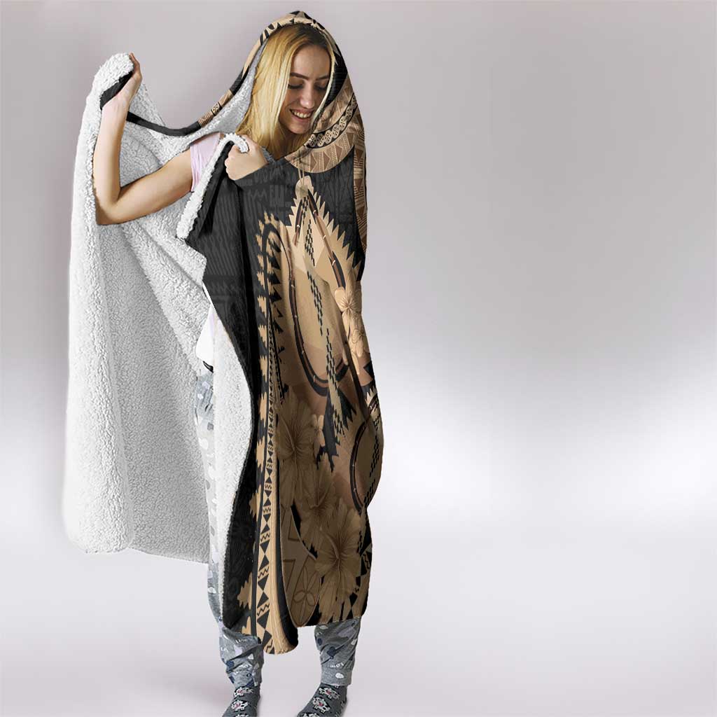 Black Bula Fiji Hooded Blanket Fijian Dance Fan Tapa Cloth Pattern