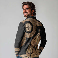 Black Bula Fiji Long Sleeve Polo Shirt Fijian Dance Fan Tapa Cloth Pattern