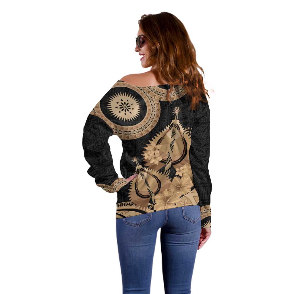 Black Bula Fiji Off Shoulder Sweater Fijian Dance Fan Tapa Cloth Pattern