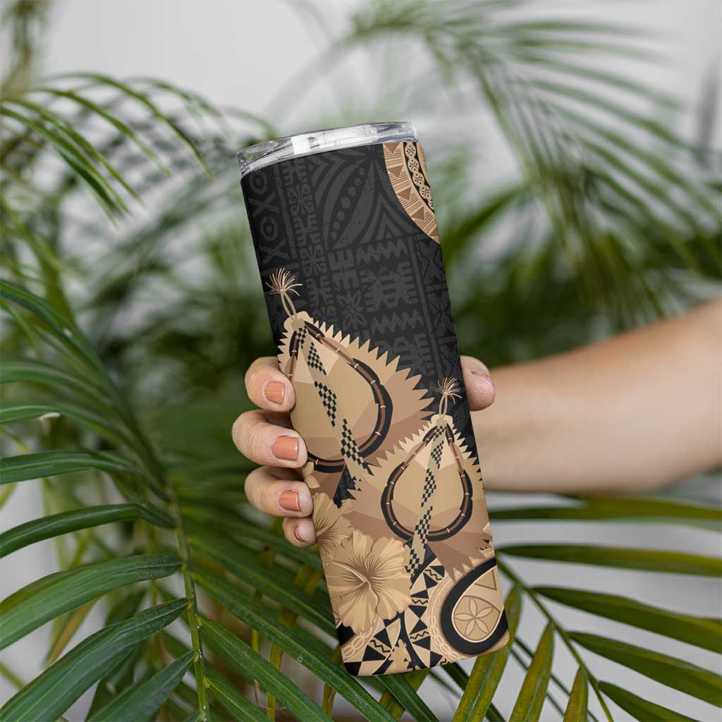 Black Bula Fiji Skinny Tumbler Fijian Dance Fan Tapa Cloth Pattern LT14 - Polynesian Pride