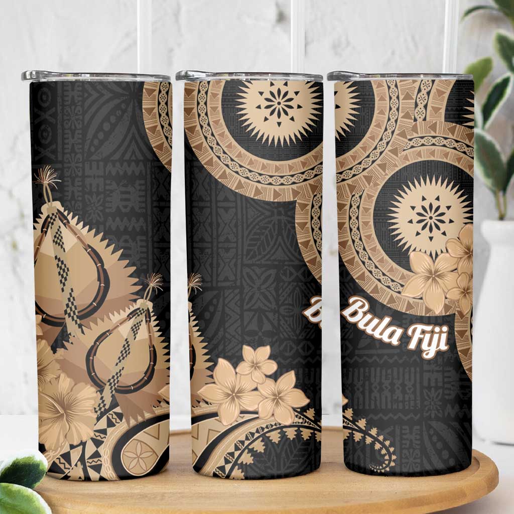 Black Bula Fiji Skinny Tumbler Fijian Dance Fan Tapa Cloth Pattern LT14 - Polynesian Pride