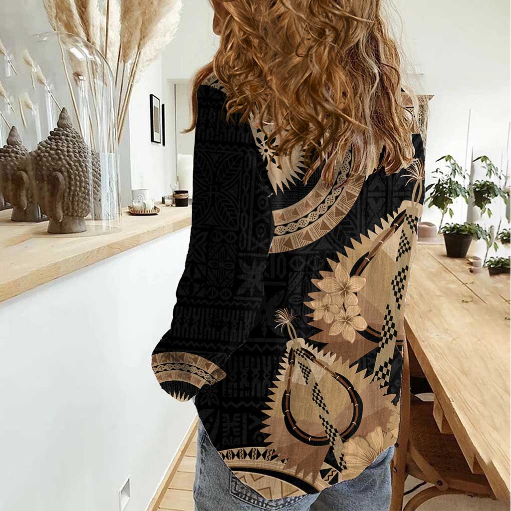 Black Bula Fiji Women Casual Shirt Fijian Dance Fan Tapa Cloth Pattern LT14 - Polynesian Pride