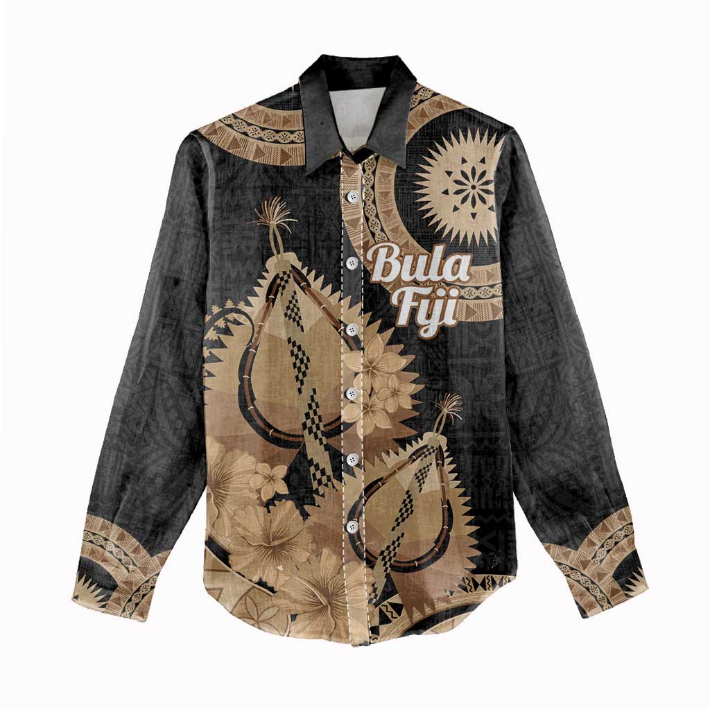Black Bula Fiji Women Casual Shirt Fijian Dance Fan Tapa Cloth Pattern LT14 - Polynesian Pride